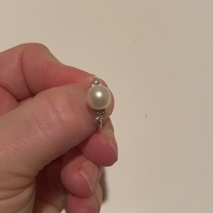 Real silver pearl and diamond ring